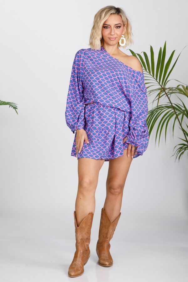 Mini boho printed dress with ruffle hem