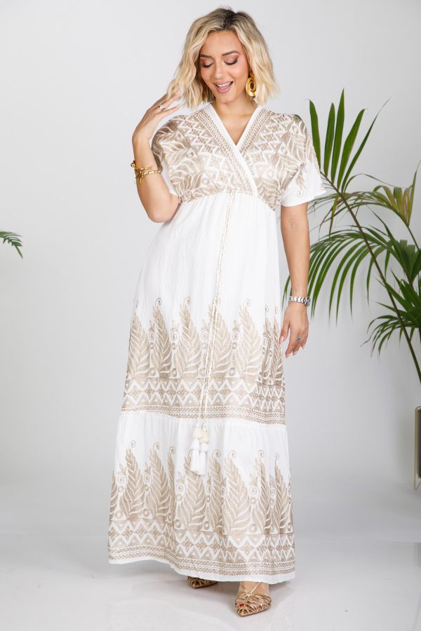 Maxi boho wrap dress with gold embroidery