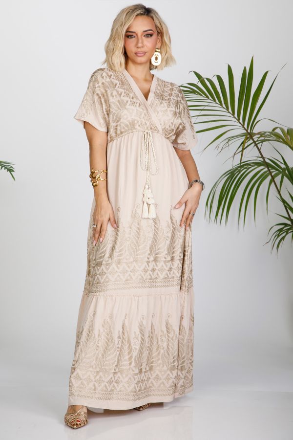Maxi boho wrap dress with gold embroidery