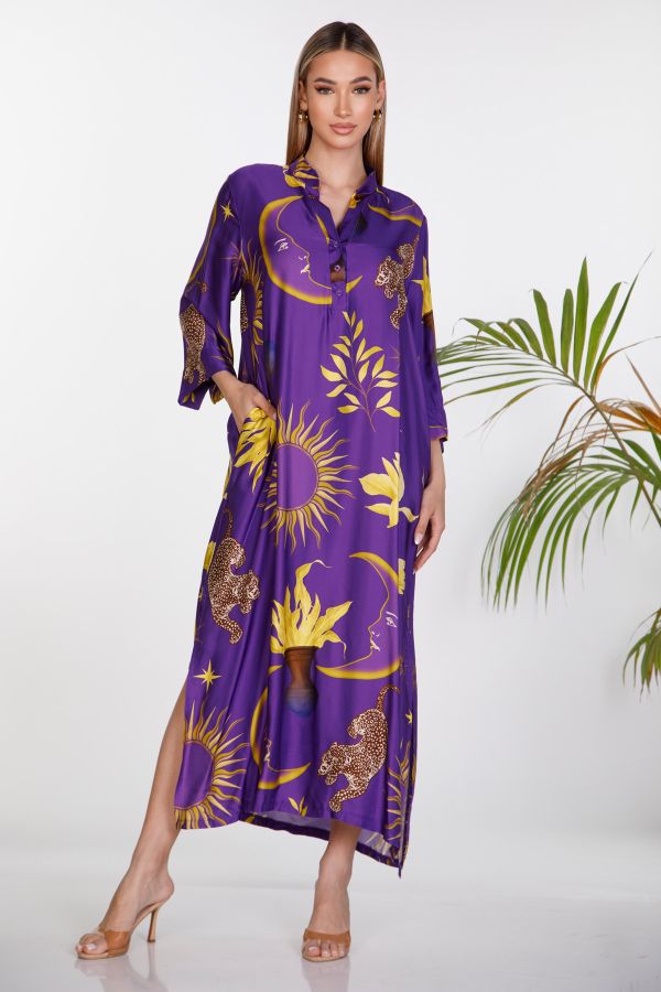 Maxi shirt-style caftan sun and moon print