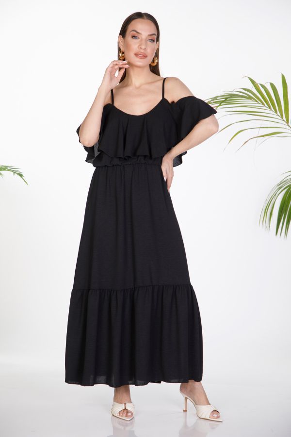 Maxi dress with ruffles and cold-shoulder design