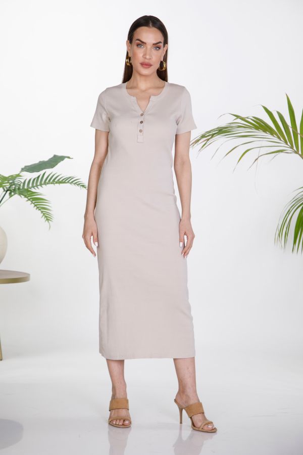 Midi ribbed dress with buttons and V-neckline