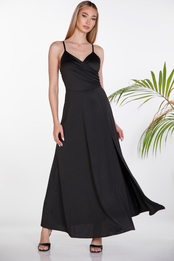 Maxi satin wrap-style dress with slit and lace-up back