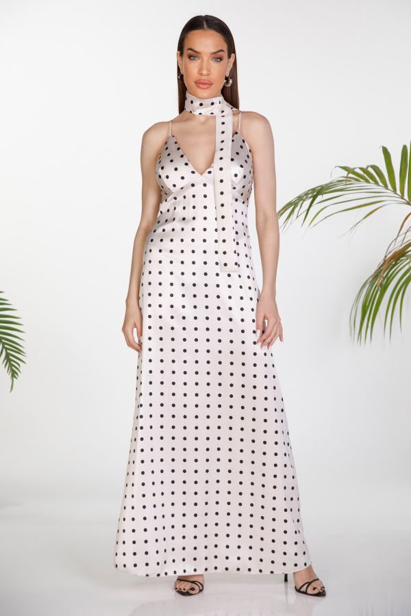 Polka dot satin dress with matching scarf