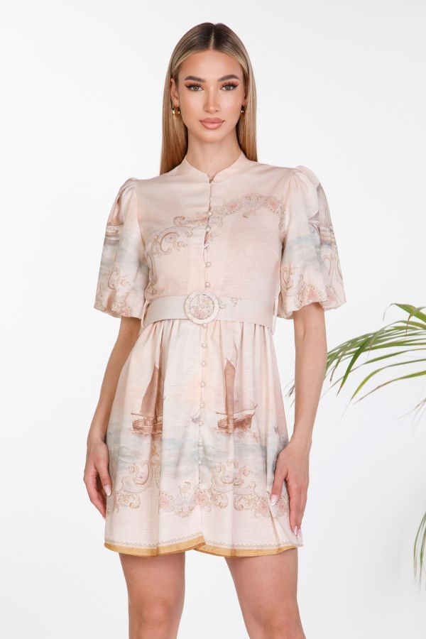 Printed mini dress with pearl buttons