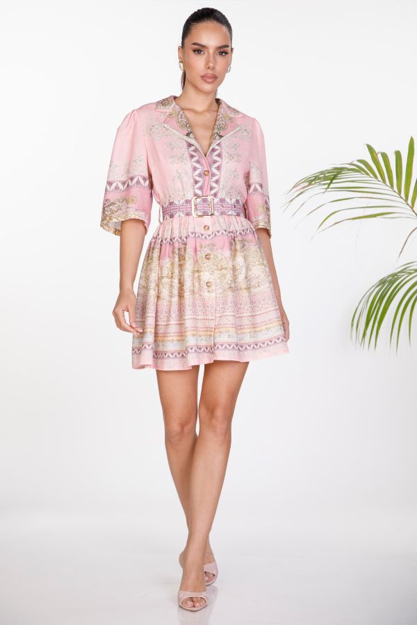 Mini printed buttoned dress with belt