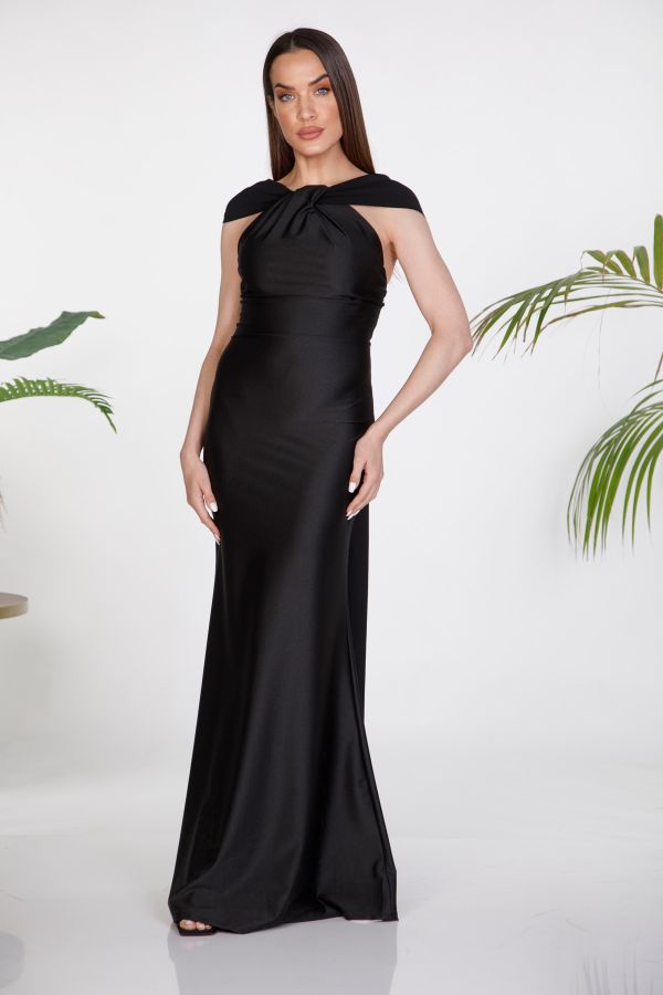 Satin maxi dress with knotted halter neck and draped back cape