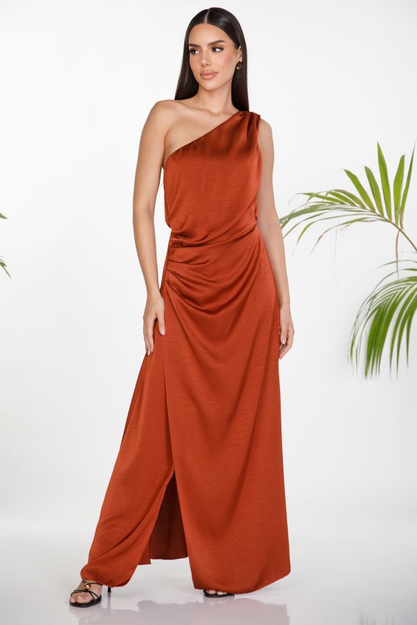 One-shoulder satin dress with side ruching
