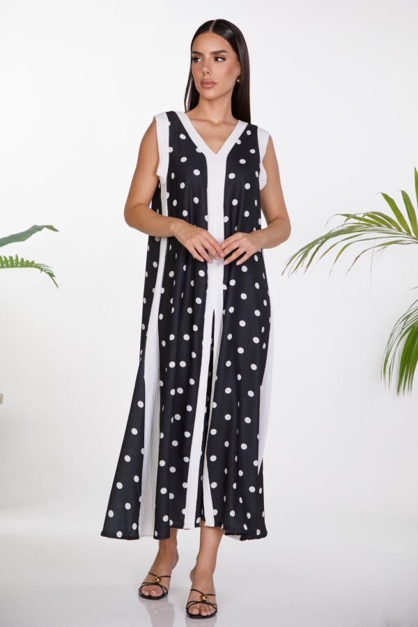 Maxi polka-dot dress with V-neck and opening