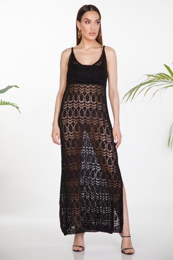 Maxi strap lurex beachwear dress with open-knit