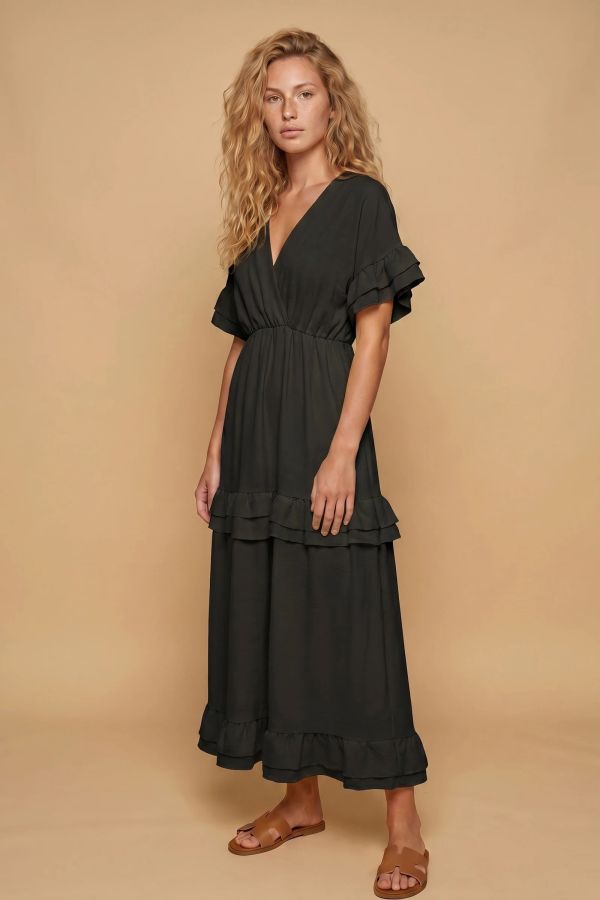 Maxi dress with ruffles and V-neck