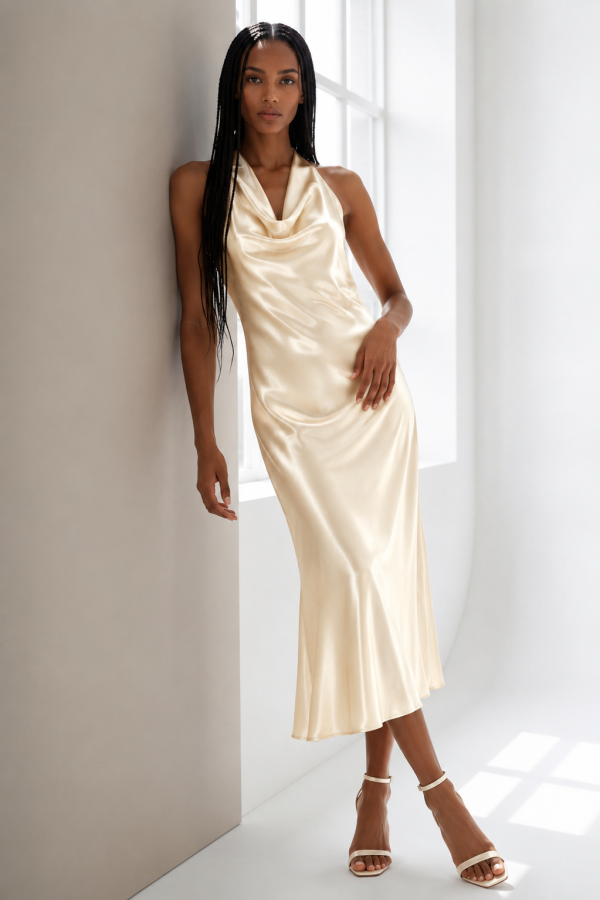 Open-back draped satin dress