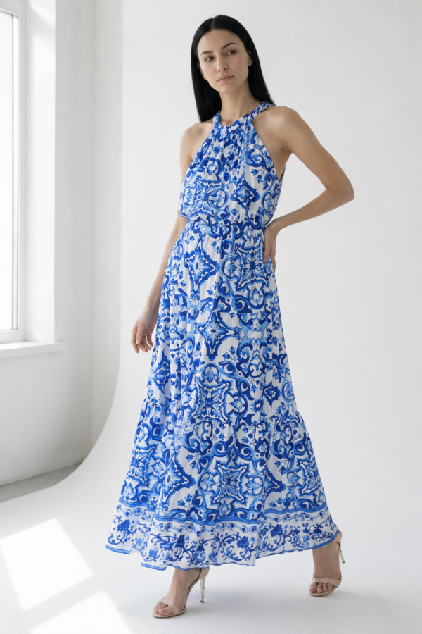 Μάξι halter φόρεμα με Majolica print