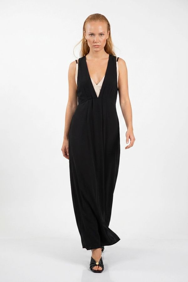 Sleeveless maxi dress with integrated wrap top and slit
