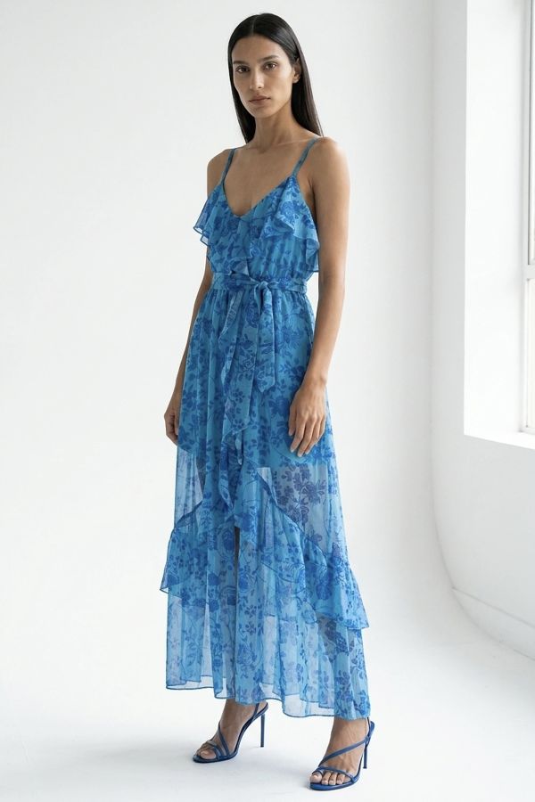 Floral chiffon dress with frills, and belt