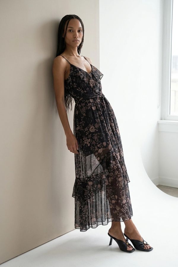 Floral chiffon dress with frills, and belt
