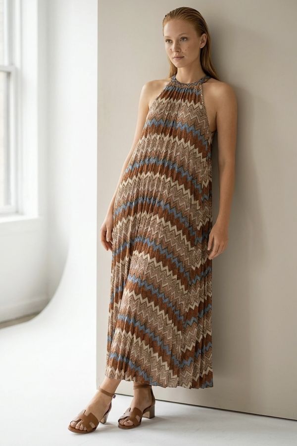 Sleeveless zig-zag lurex maxi dress with neck tie