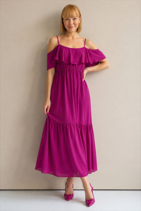 Off-the-shoulder maxi strappy dress with frills