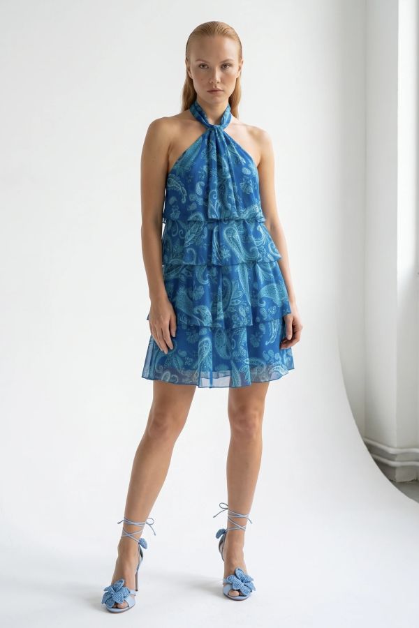Mini φόρεμα halter με βολάν και paisley print