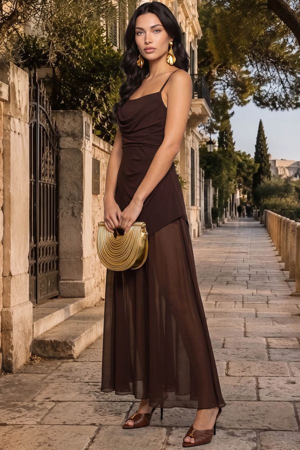 Μάξι ντραπέ φόρεμα με σούρες και τούλι