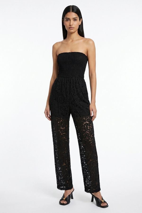 Strapless smocked jumpsuit with lace