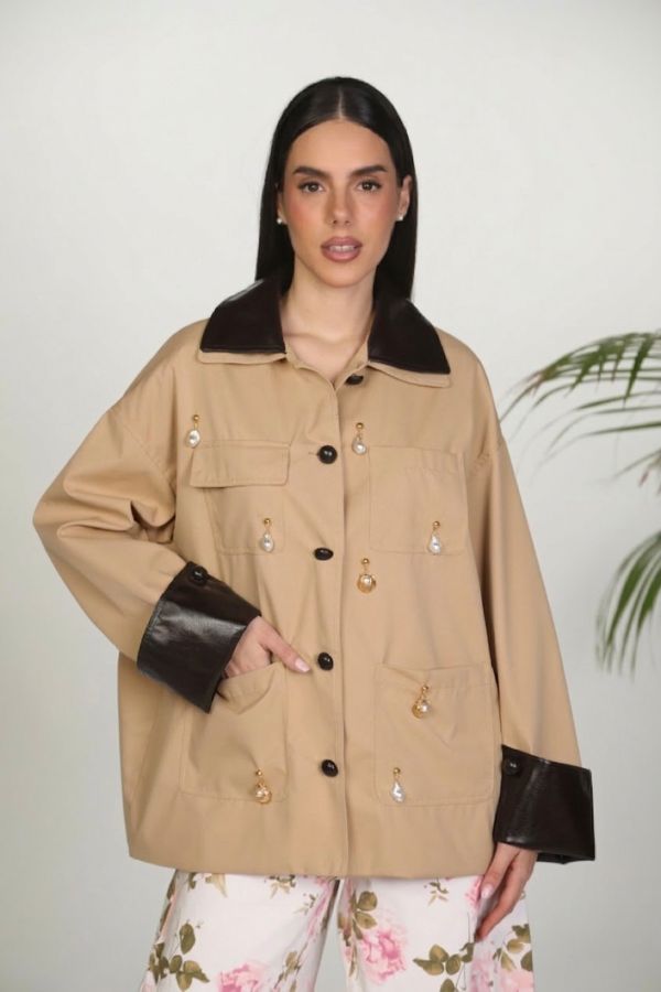 Jacket with faux leather details and pearls