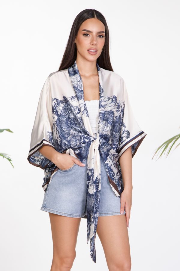 Satin printed kimono with tie closure
