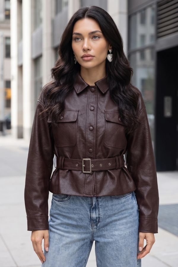 Jacket δερματίνη με τσέπες και ζώνη