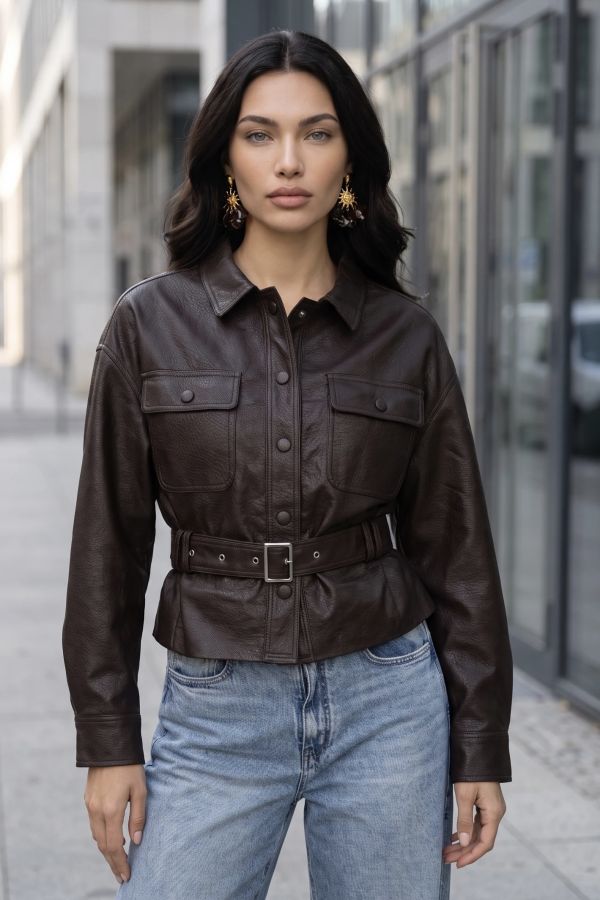 Jacket δερματίνη με τσέπες και ζώνη