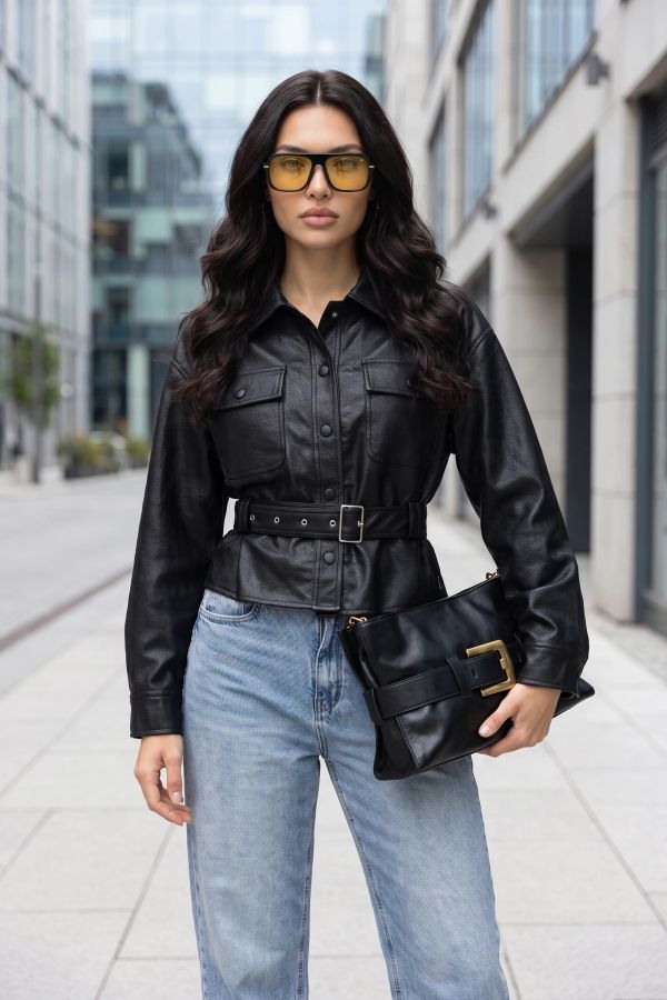 Jacket δερματίνη με τσέπες και ζώνη
