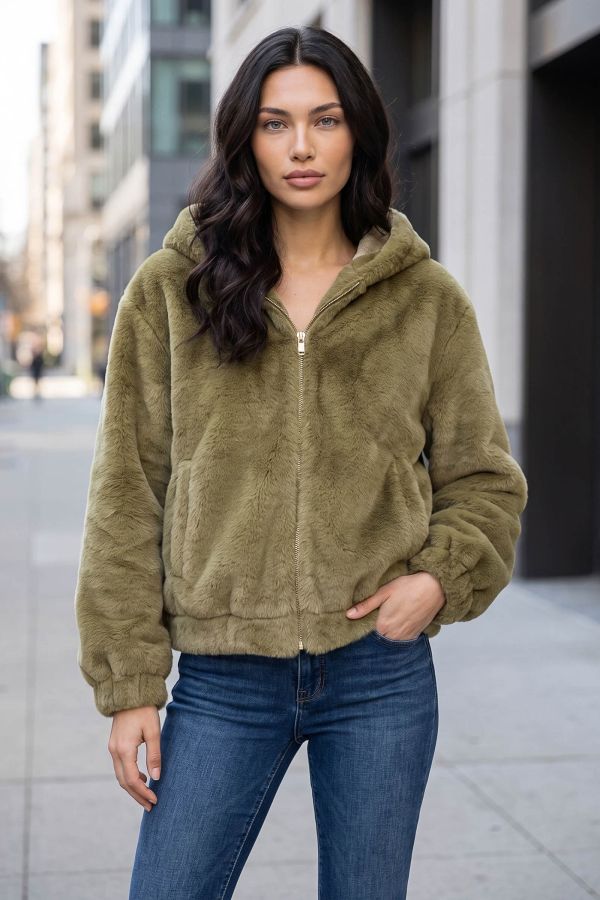 Γούνινο jacket με κουκούλα