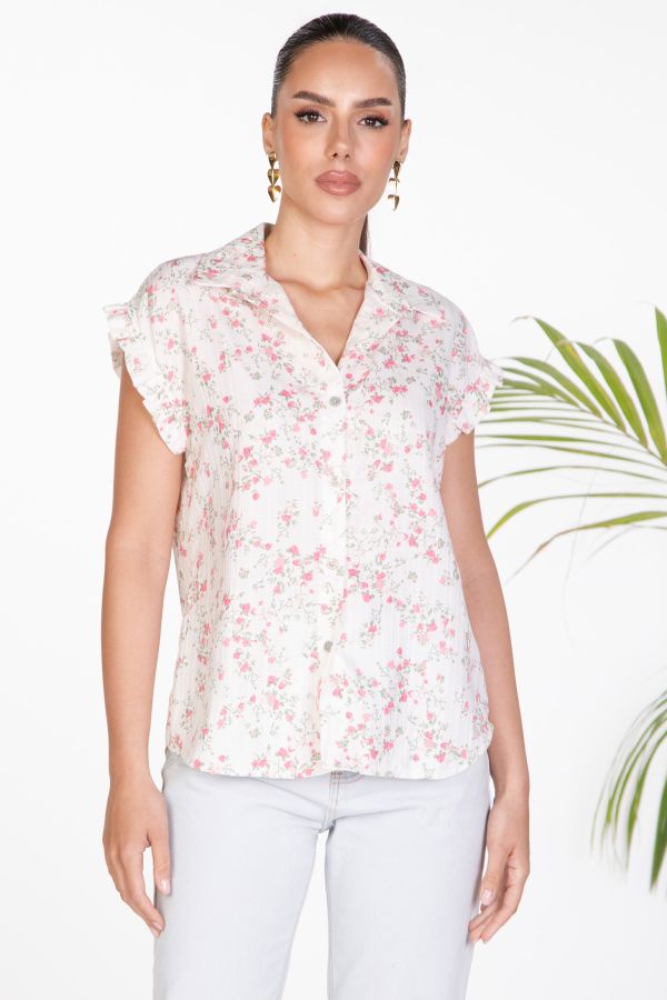 Sleeveless floral shirt with ruffle details