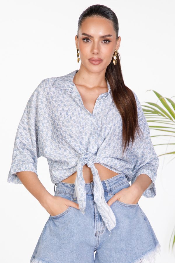 Geometric print tie-front shirt