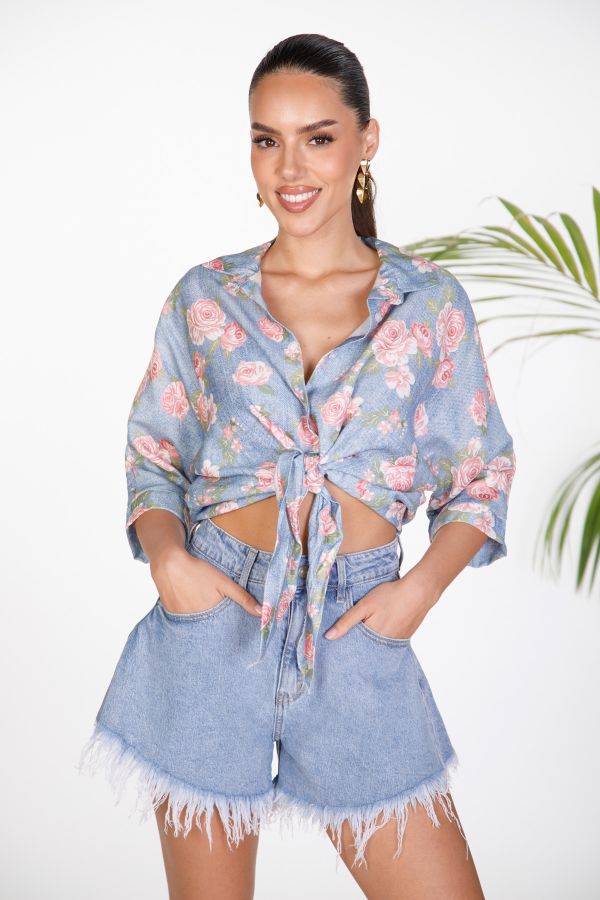 Floral print tie-front shirt