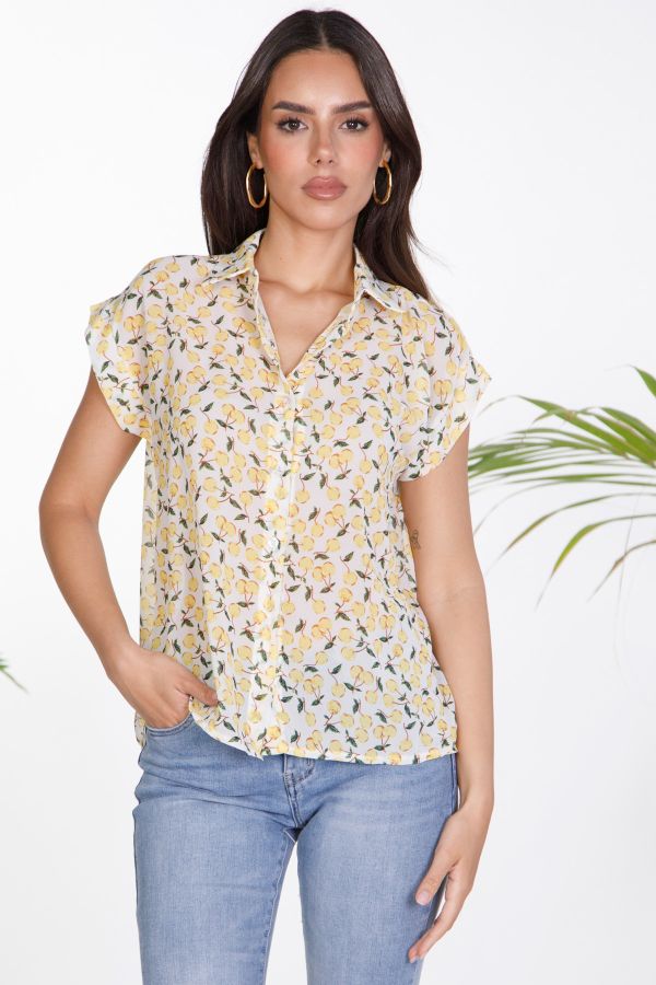 Sleeveless button-up shirt with cherry pattern