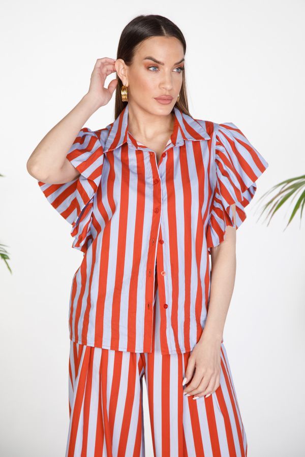 Striped shirt with dramatic ruffle sleeves