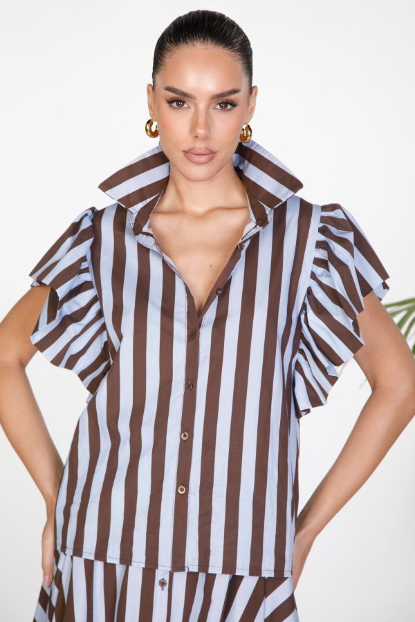 Striped shirt with dramatic ruffle sleeves