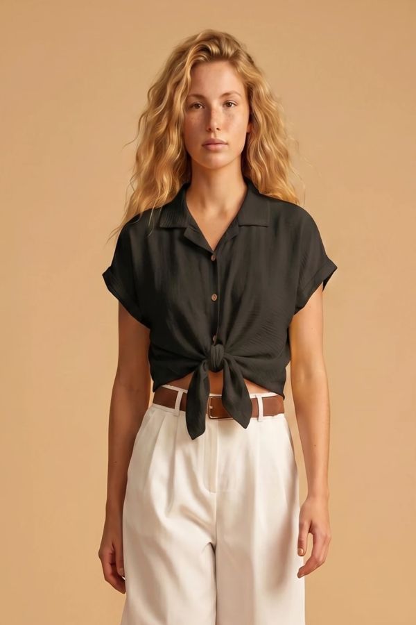 Short sleeve tie-front shirt