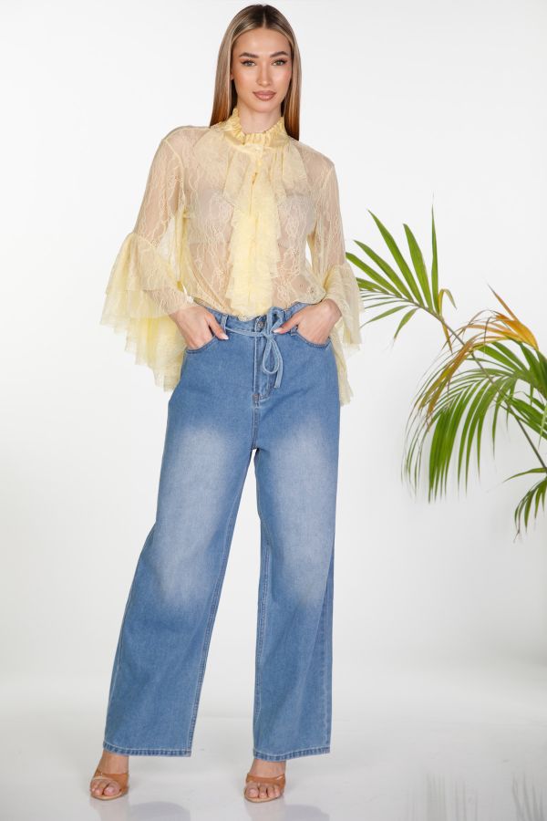 Denim wide-leg trousers with drawstring belt