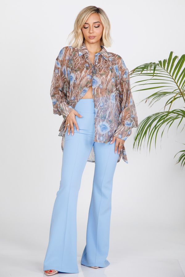 Flared trousers with waistband buttons