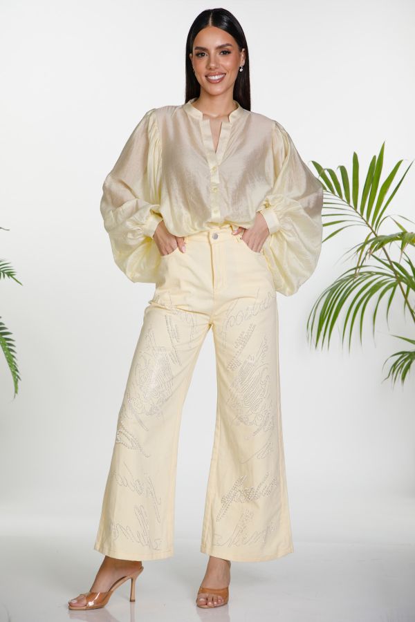 Wide leg τζιν με στρας και πέρλες