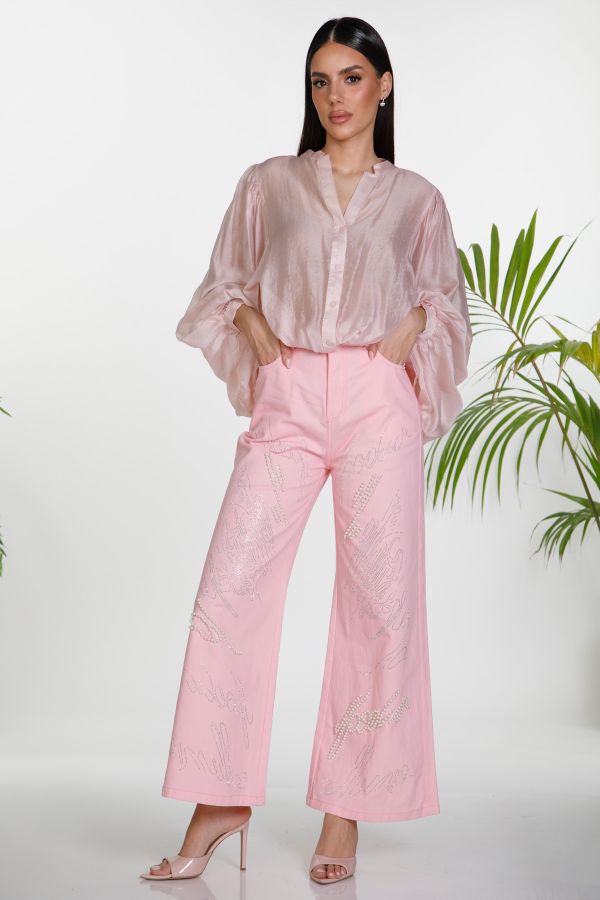 Wide leg jeans with rhinestones and pearls