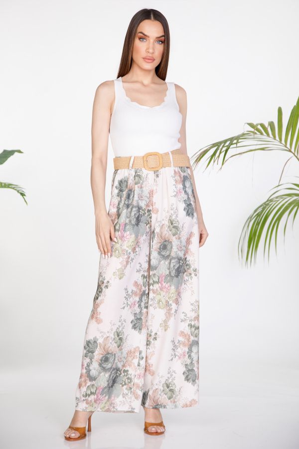 High-waisted floral pants with straw belt