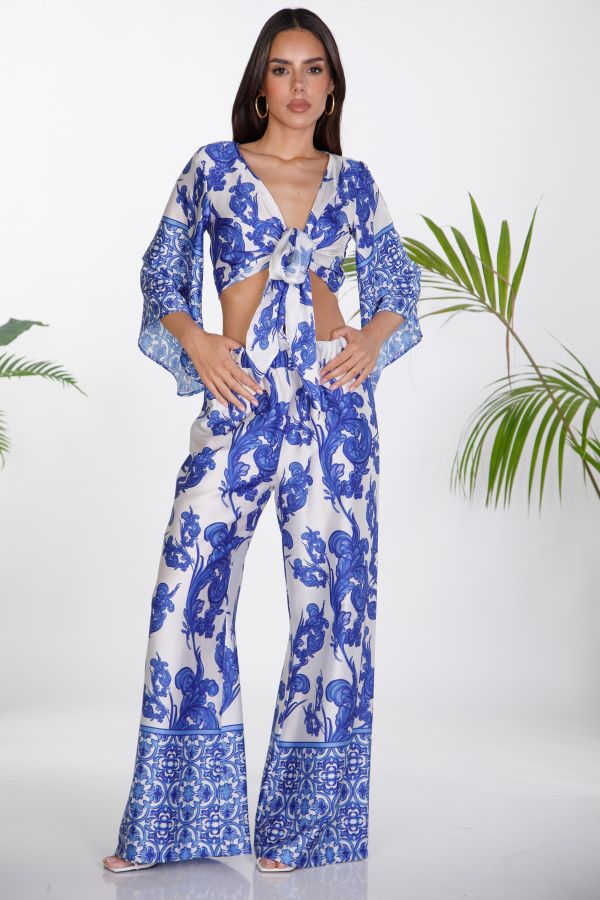 Satin printed wide-leg trousers