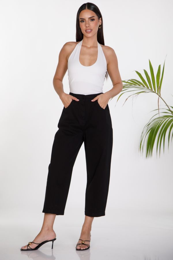 Barrel trousers with button and elastic waistband