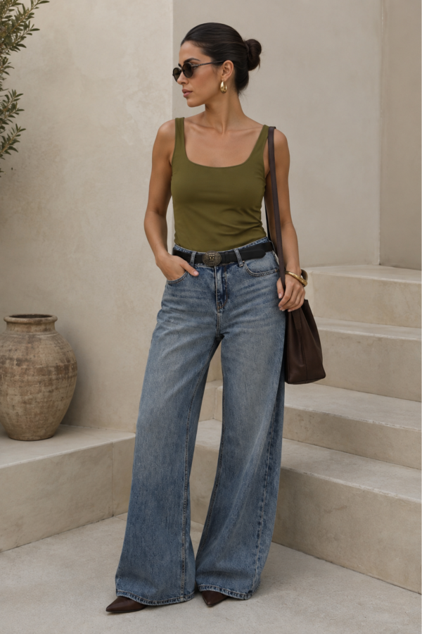 Τζιν wide leg με ζώνη και αγκράφα