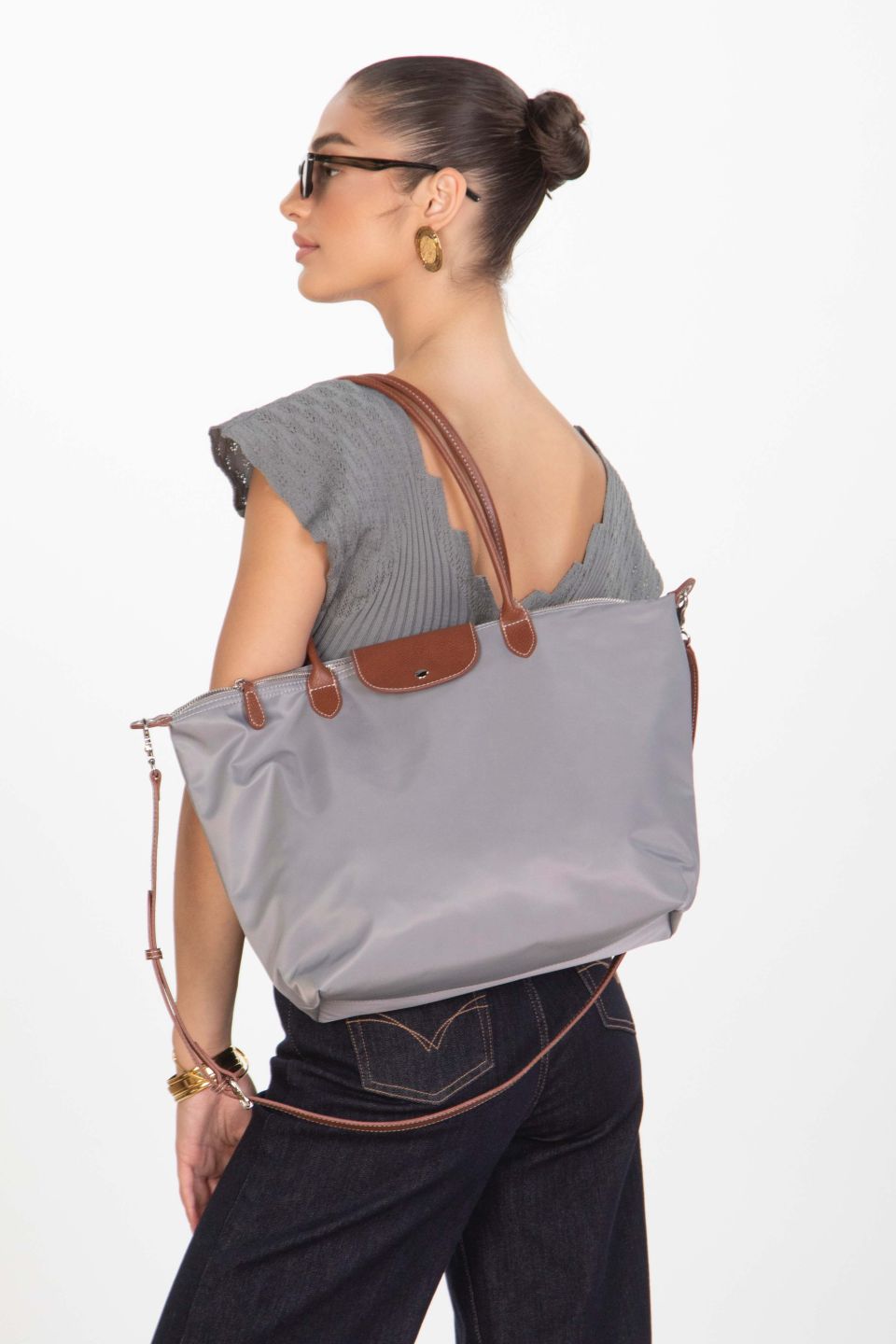 Large satin shoulder bag with leatherette