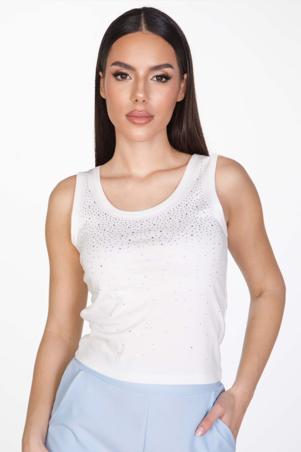 Sleeveless top with rhinestones