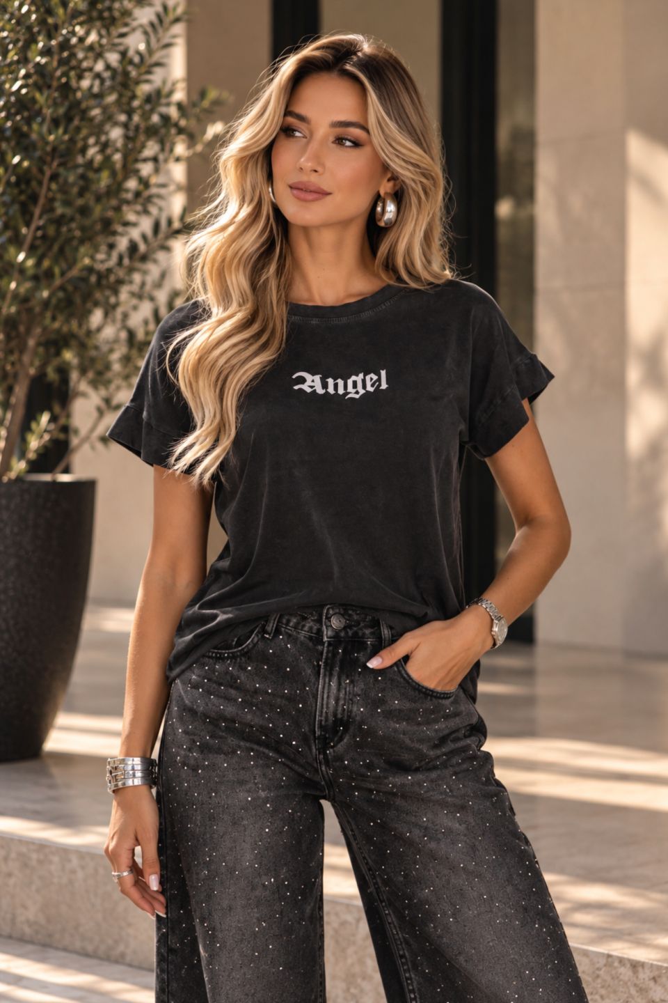 T-shirt "Angel" με φτερά από στρας στην πλάτη - ΓΚΡΙ ΣΚΟΥΡΟ