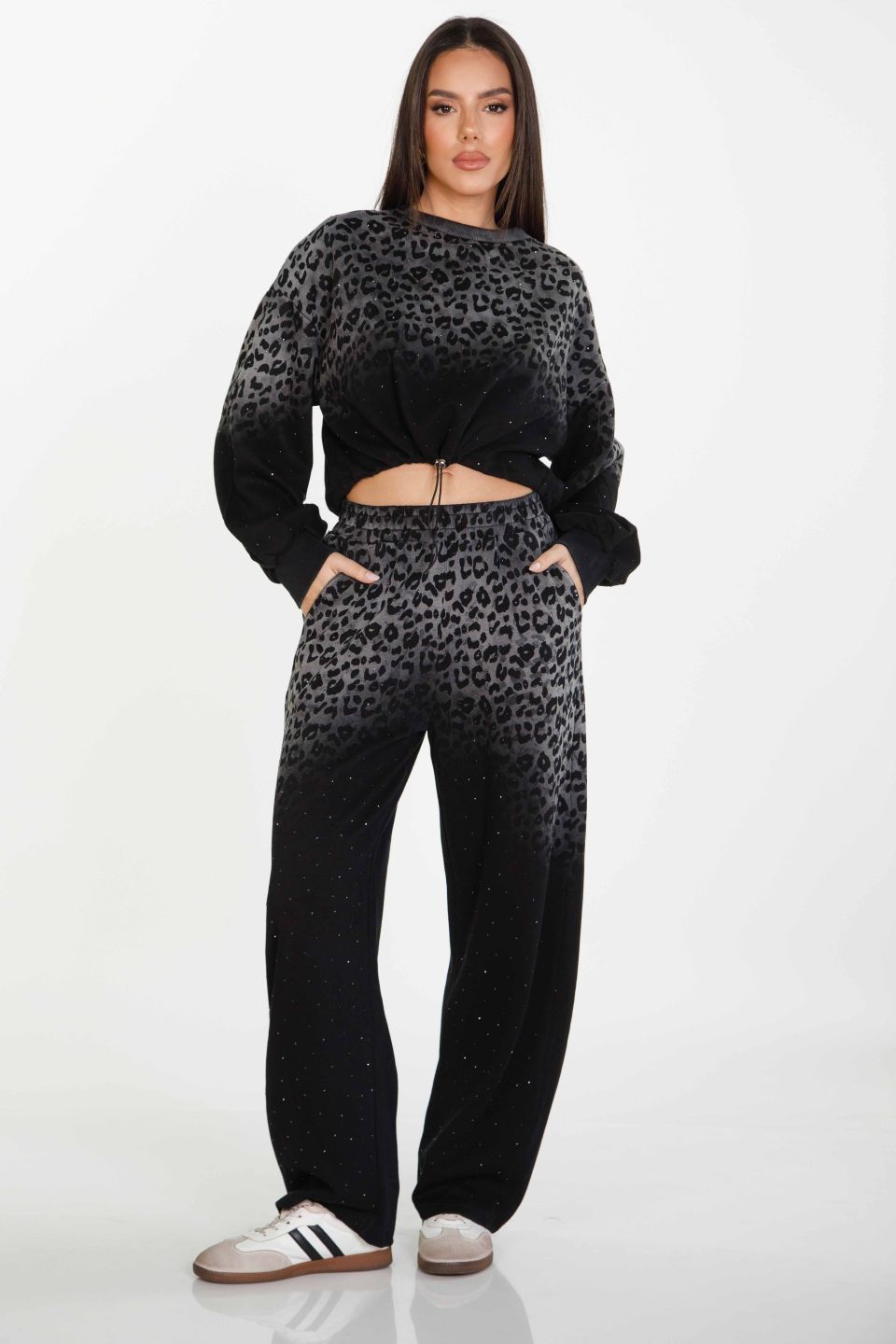 Leopard co-ord with rhinestones, cropped blouse and pants